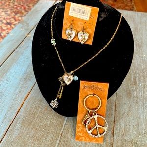 Lucky Brand gold tone flower heart set. Earrings, necklace, and keychain. NEW